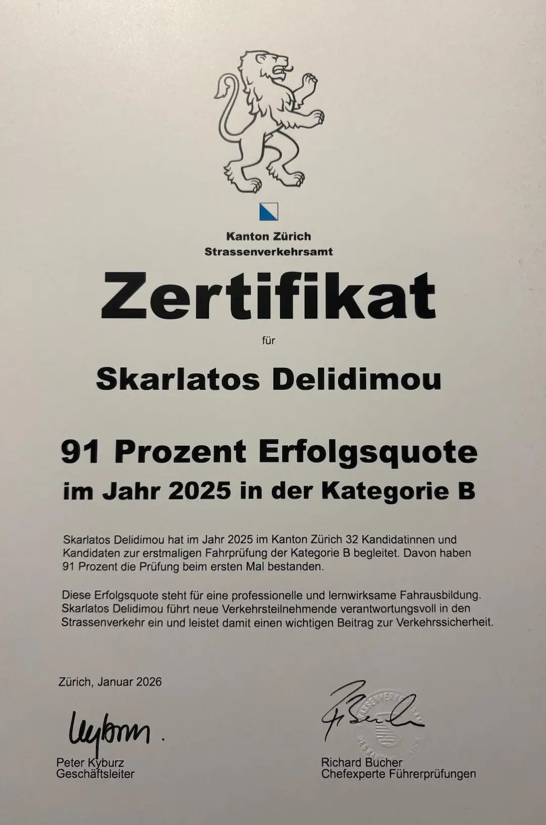 Zertifikat Strassenverkehrsamt Zürich – 91% Erfolgsquote Fahrschule Scarli